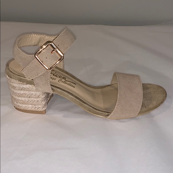 Cream strapped sandals with woven jute heel. - Picture 2 of 5